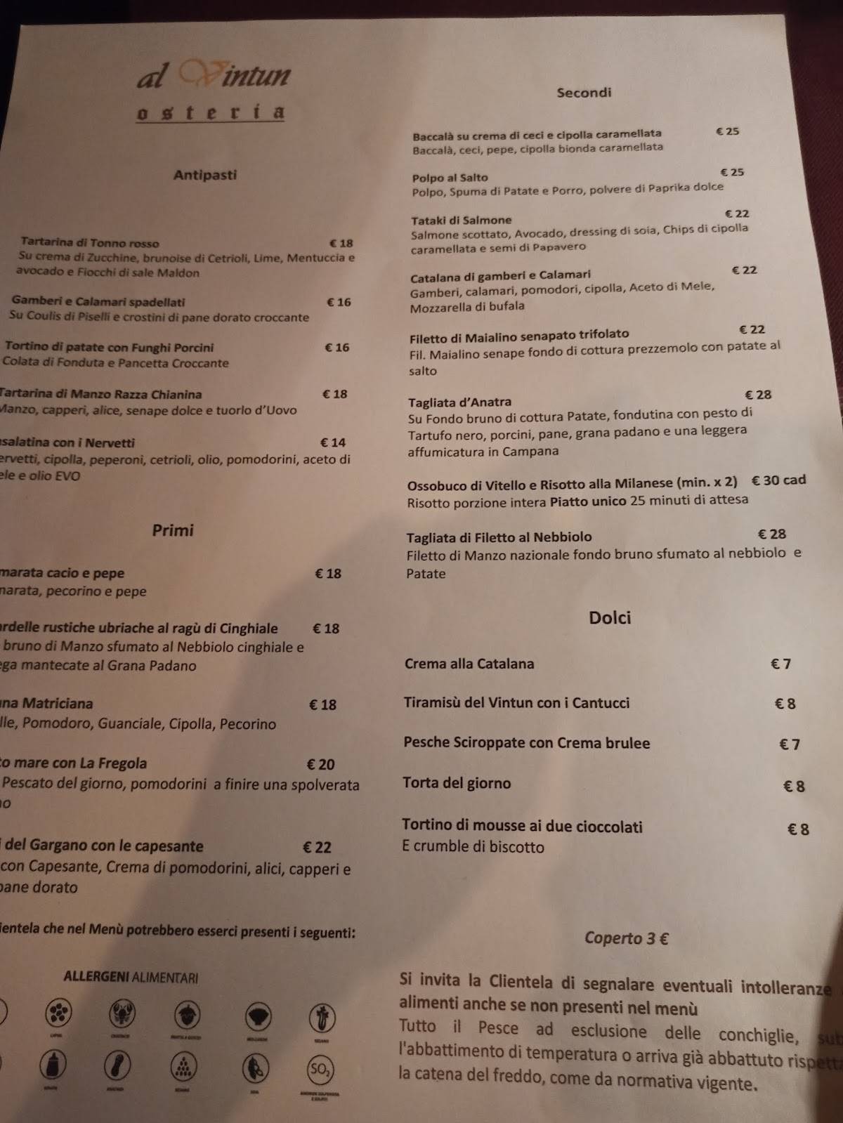 Menu di Osteria al vintun 