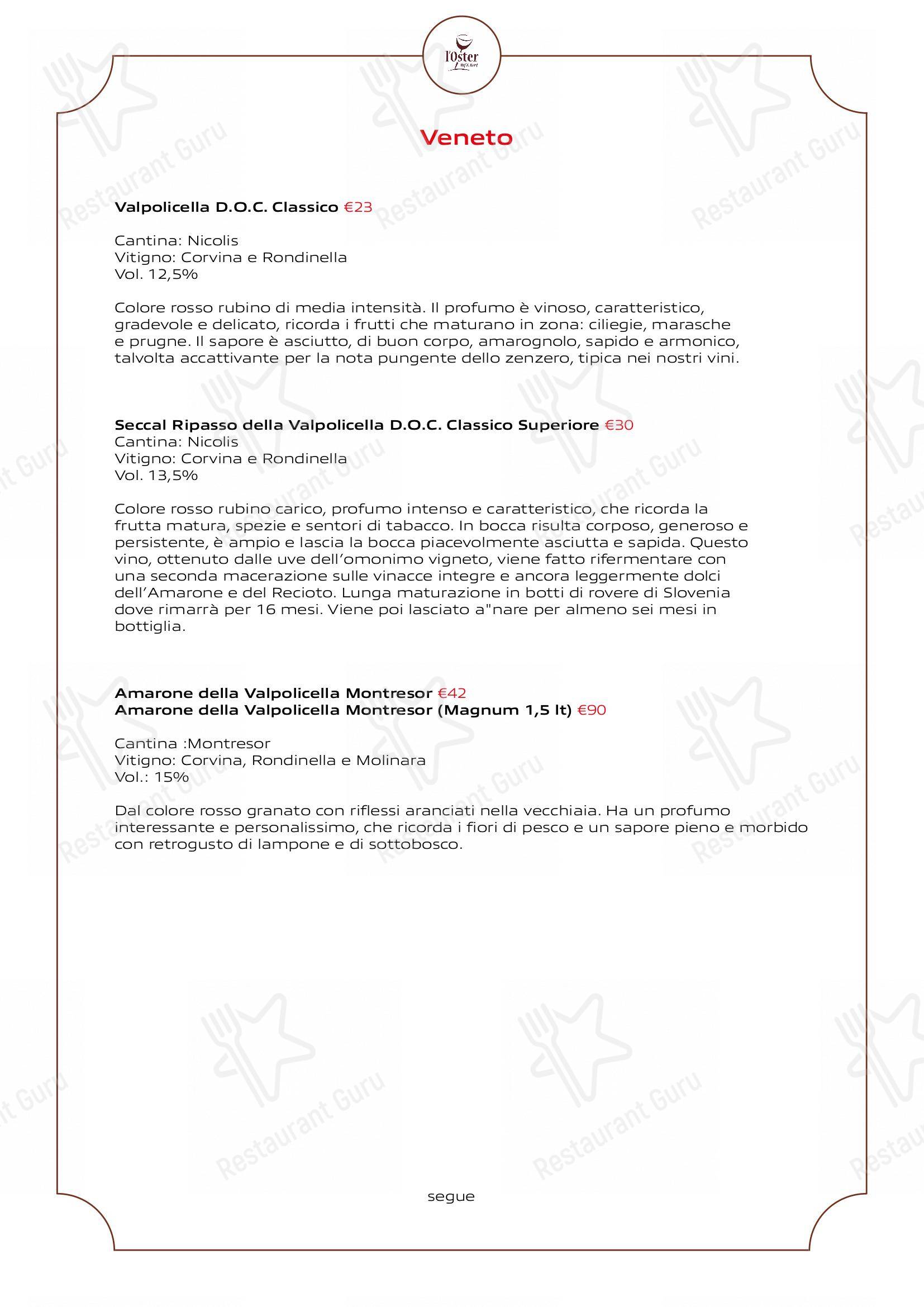 Основное меню per L'Oster Bif & Beef Restaurant in Grassobbio