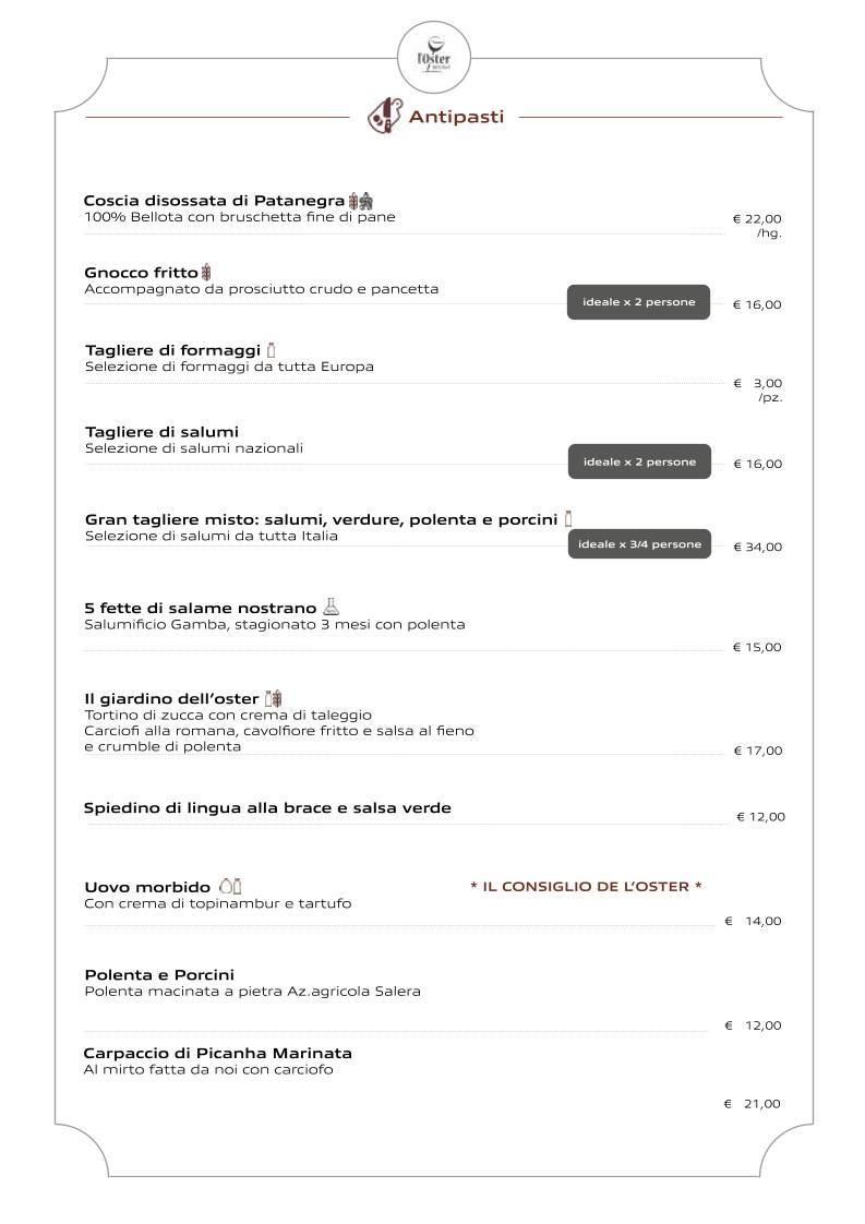 Menu di Ristorante - Pizzeria L'Oster Bif & Beef 