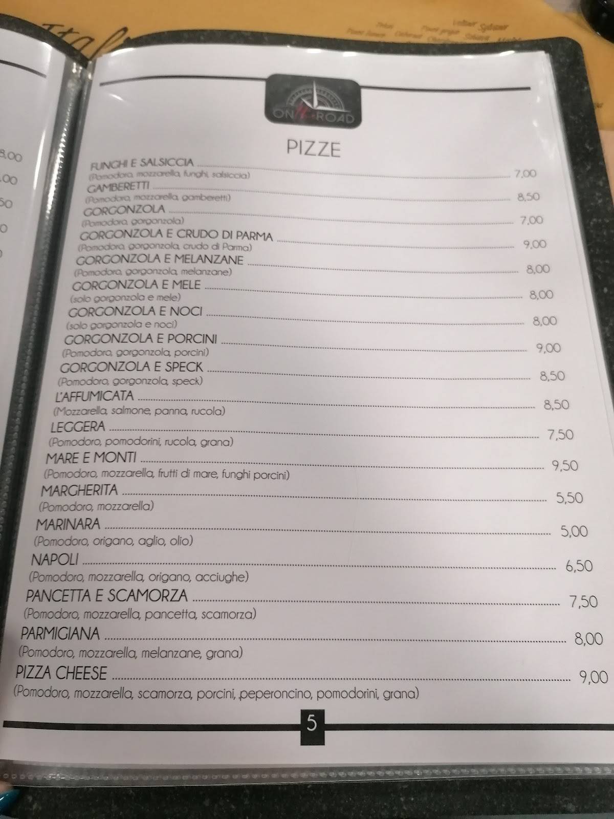 Menu di Ristorante Pizzeria On The Road 