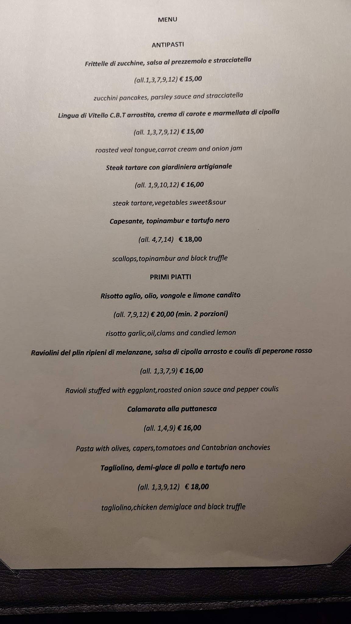 Menu di Ristorante Schiaffino 