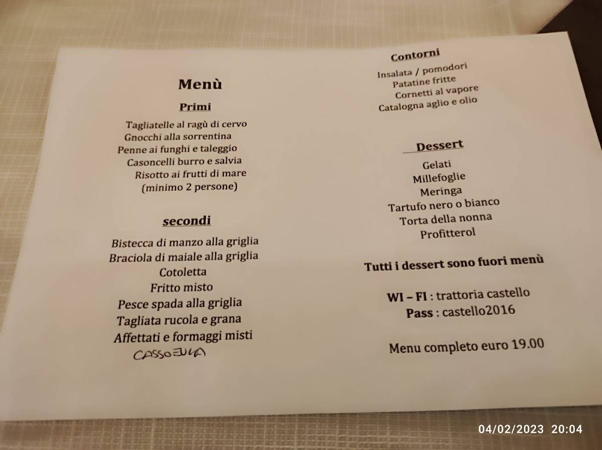Menu di Bar Ristorante Trattoria Il Castello 