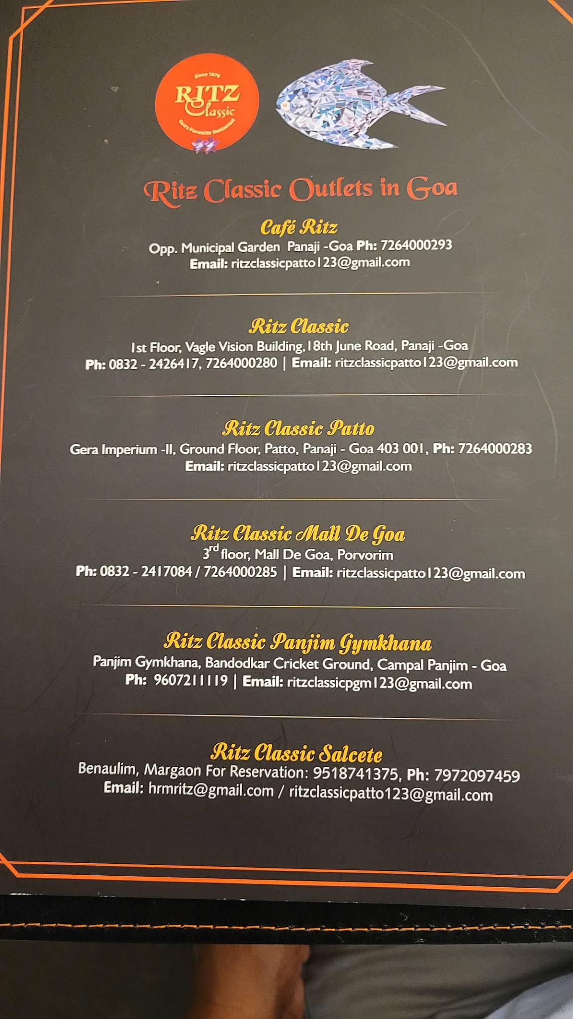 Ritz Classic Margao menu