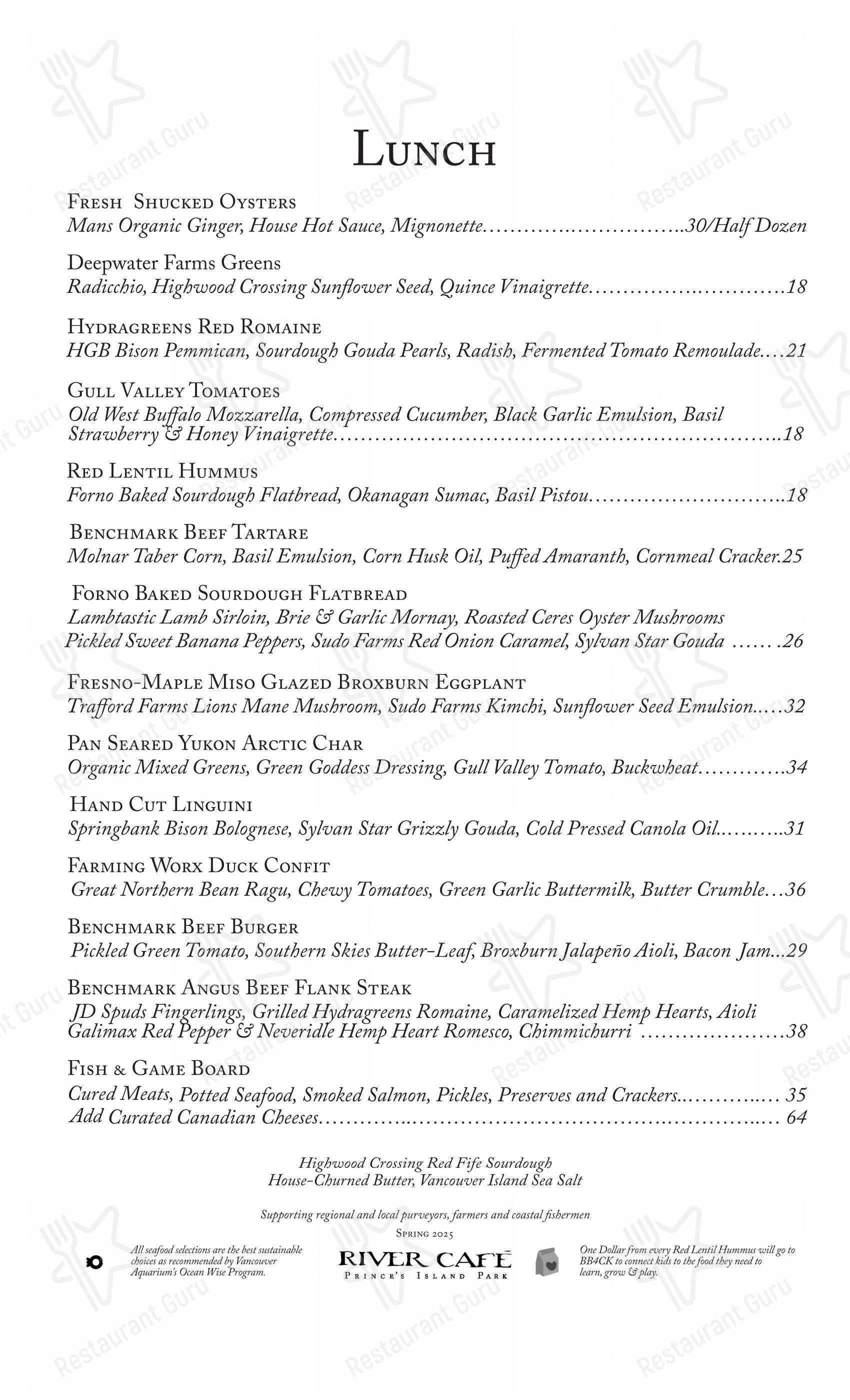 Menu bar pour River Café pub et bar
