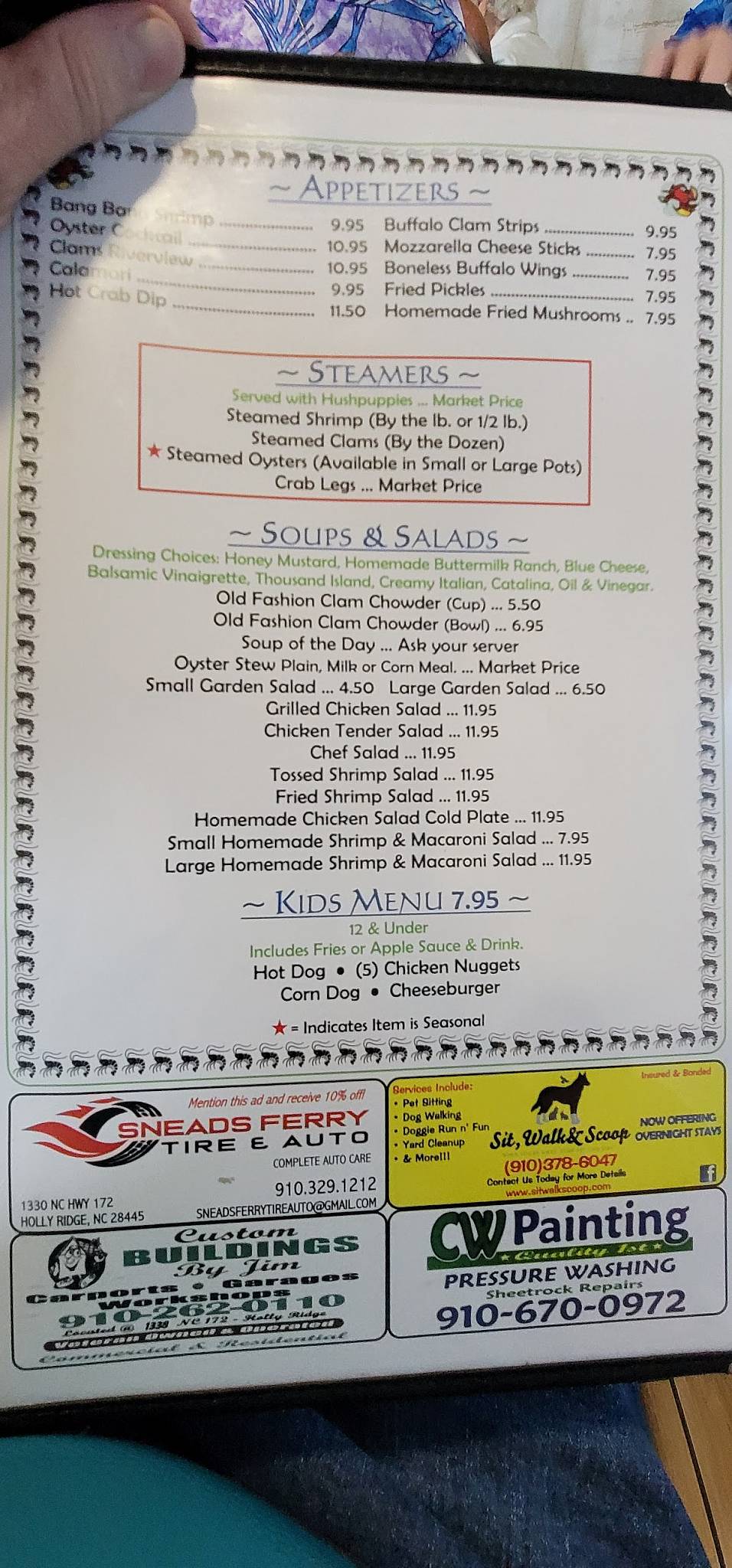 Menu at Riverview Cafe, Sneads Ferry