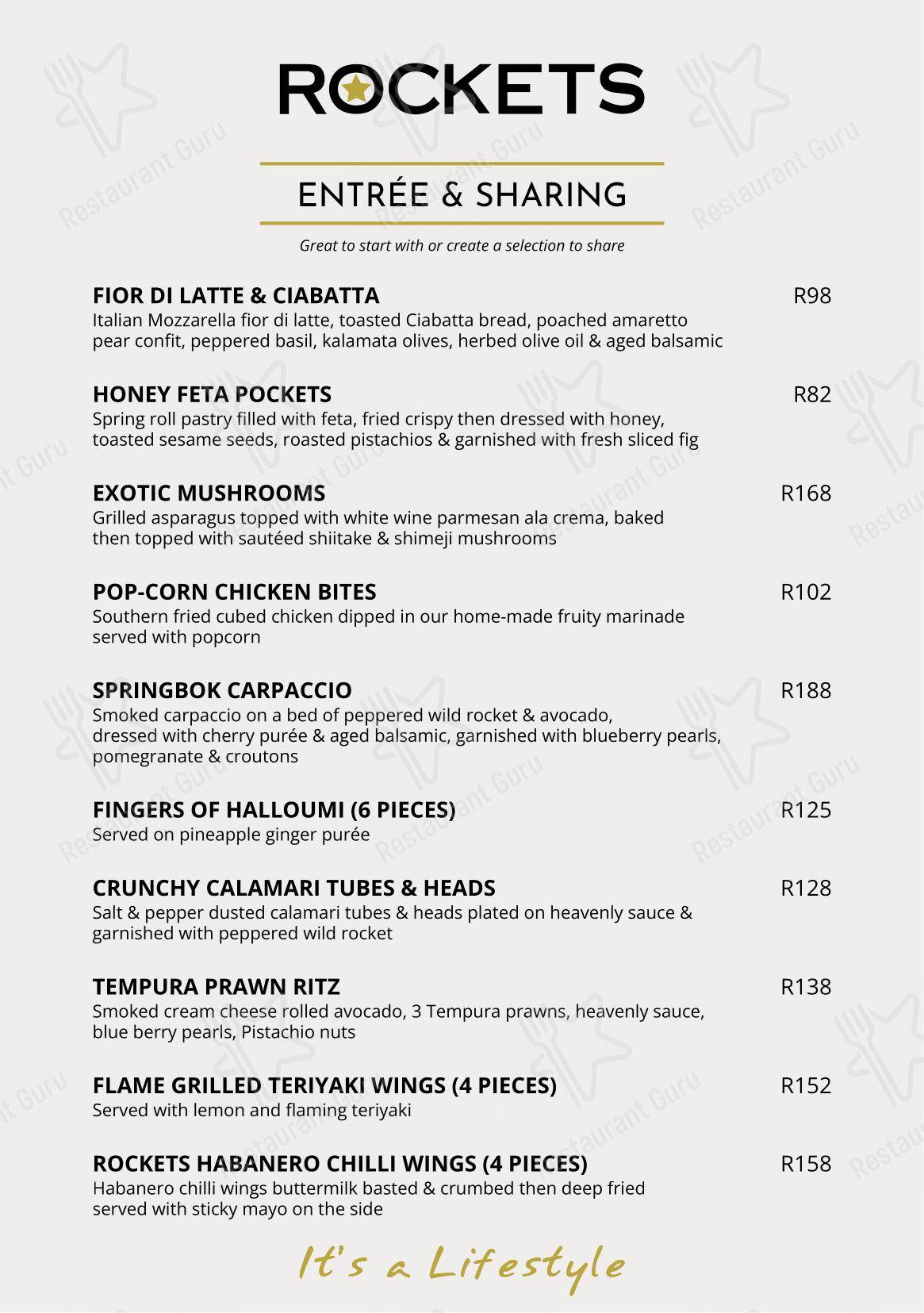 Menu at Rockets Restaurant Umhlanga, Umhlanga
