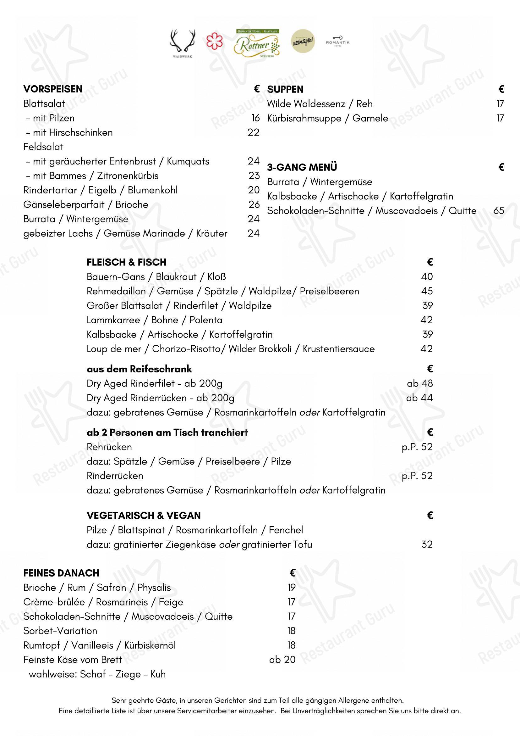 Menu pour Romantik Hotel Gasthaus Rottner - Menu