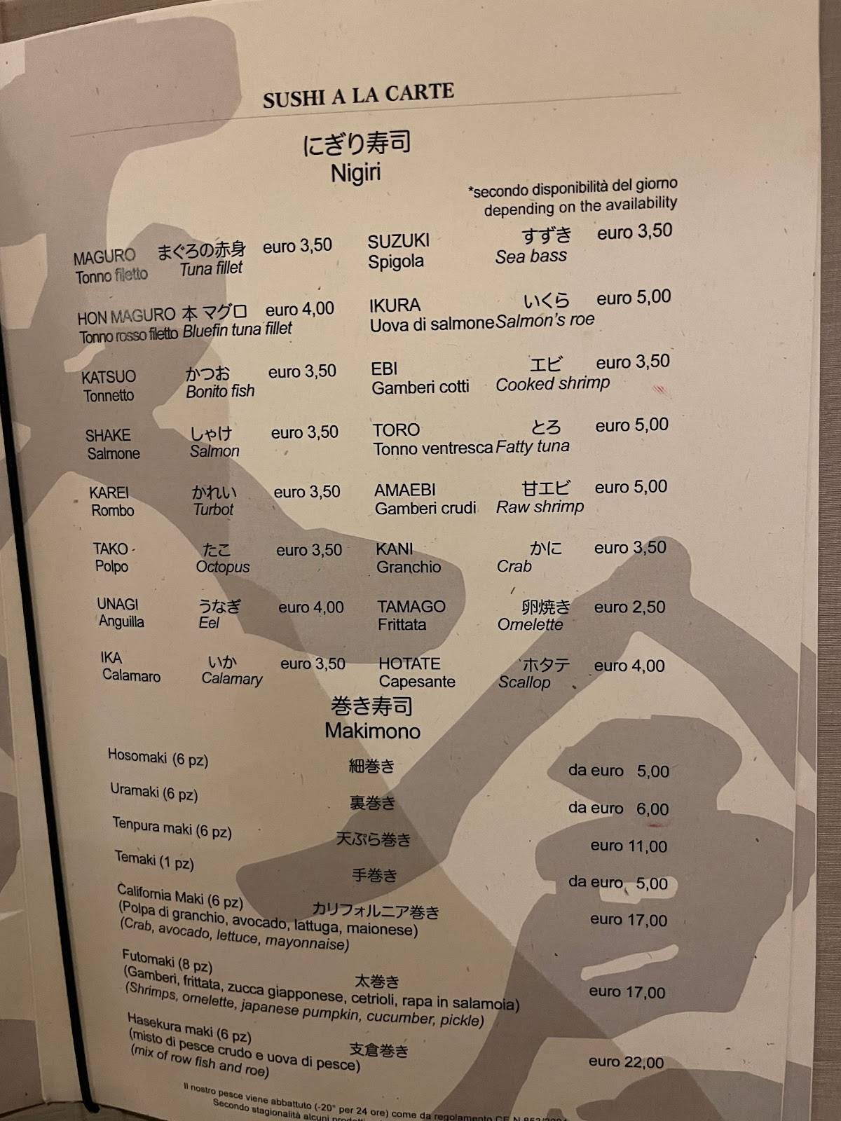 Menu di Hasekura Ristorante Giapponese 