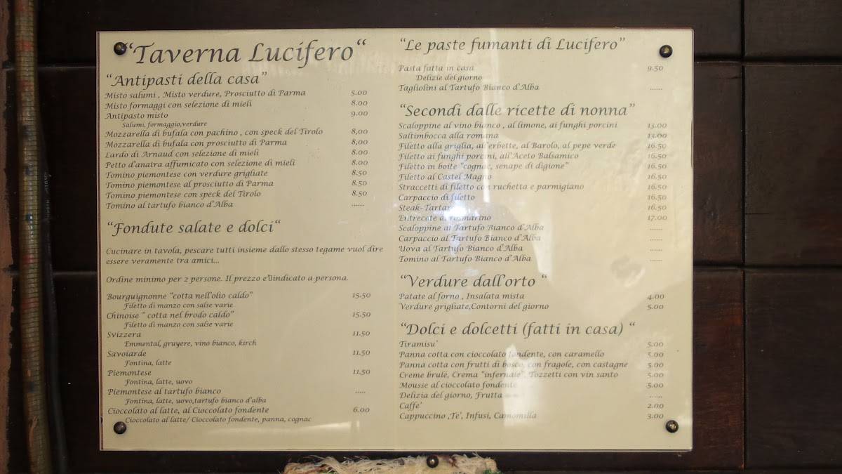 Меню ресторана Taverna Lucifero, Рим, Via del Monte della Farina