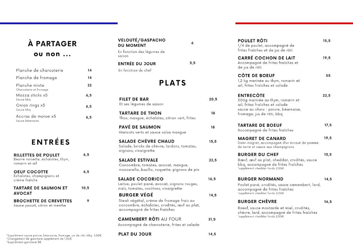 Menu de Restaurant Cocorico