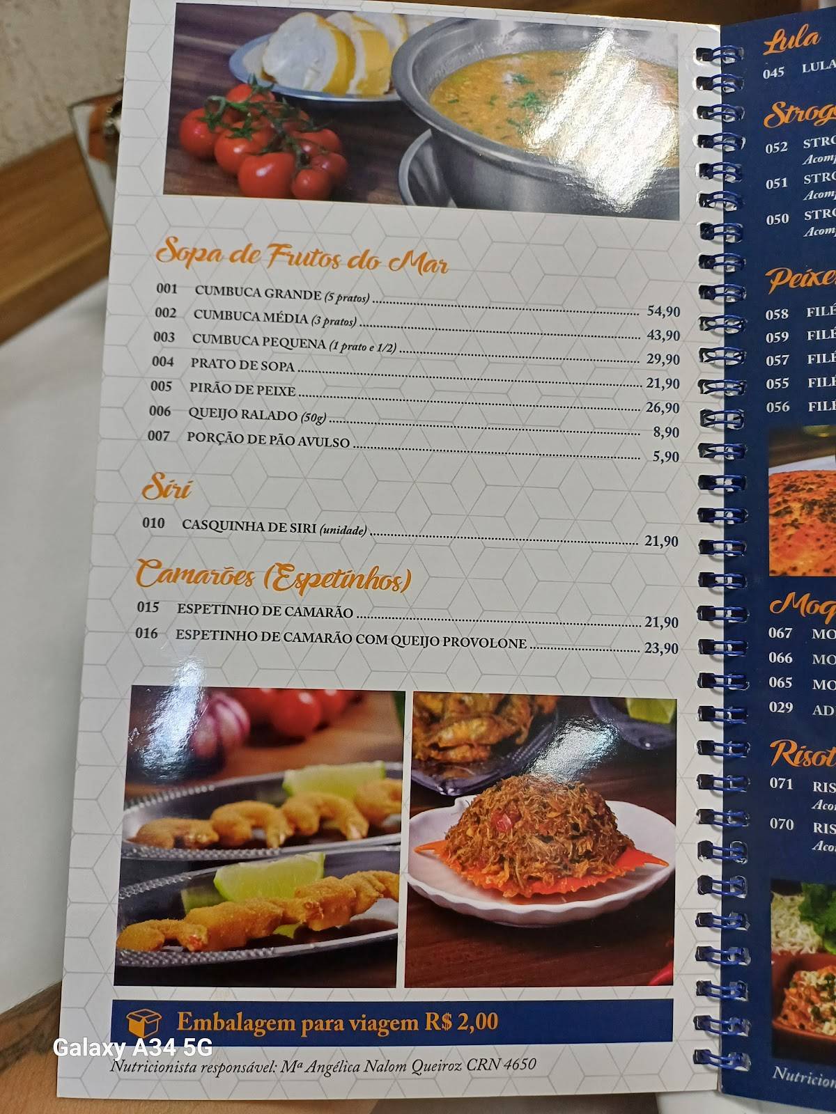 Rubiane Frutos do Mar cardápio