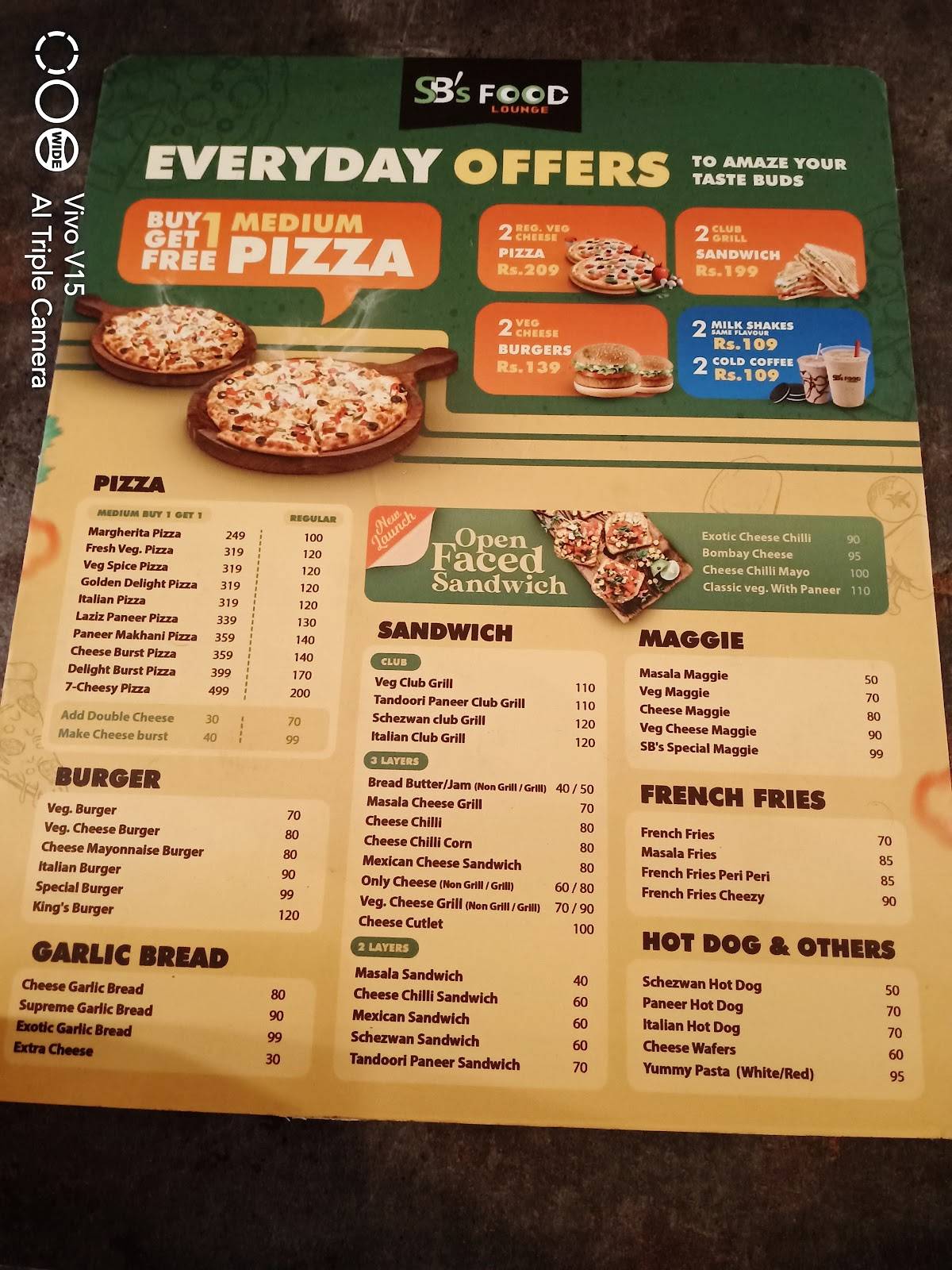 SB's Food Lounge menu