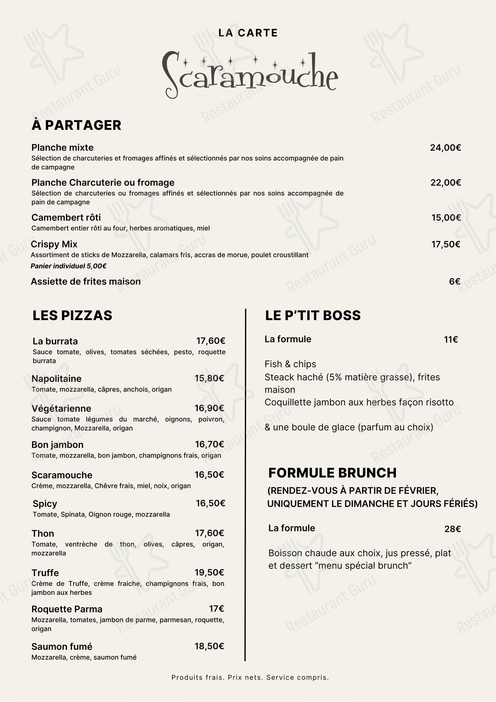 Menu pour SCARAMOUCHE restaurant