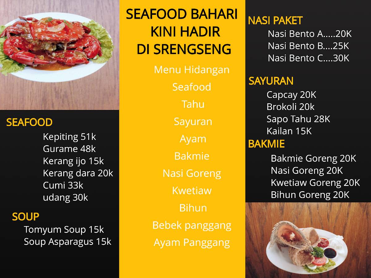 Menu at SEAFOOD BAHARI restaurant, West Jakarta, Jl. Srengseng Raya No.17