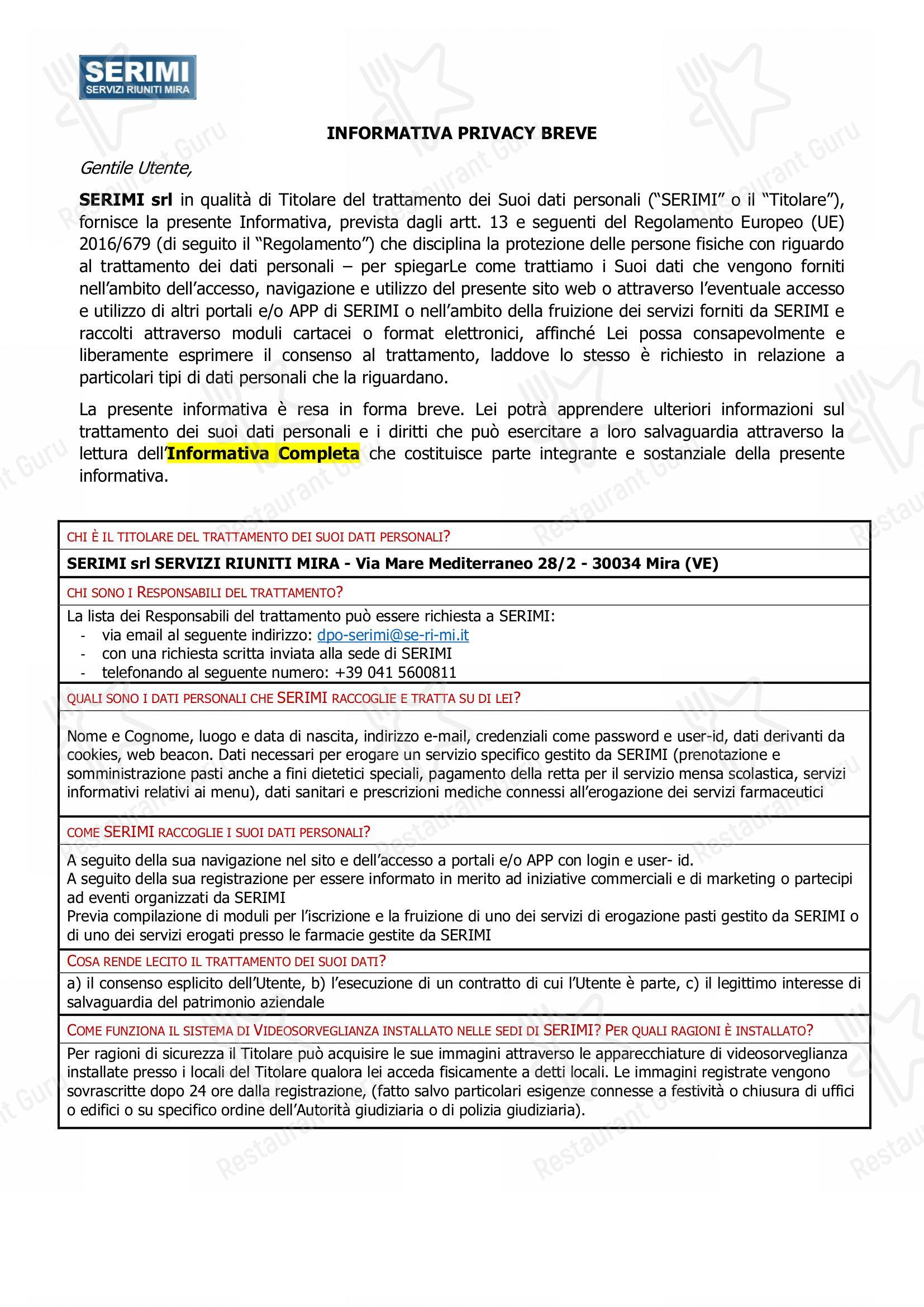 Takeaway Menu per SERIMI in Mira