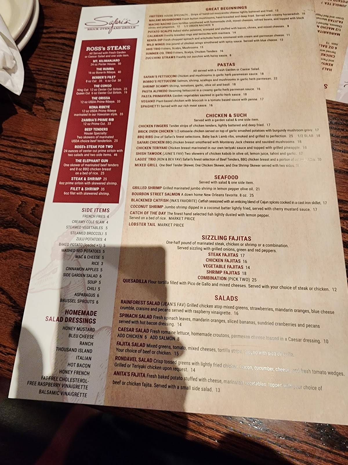 Safari's Brick Oven & Grille menu