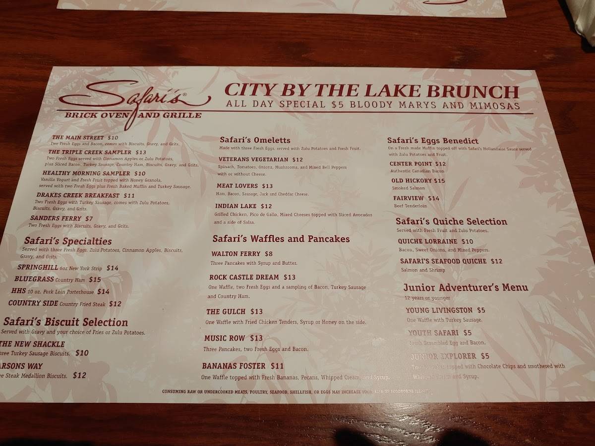 Safari's Brick Oven & Grille menu