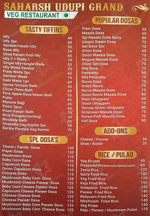 Saharsh Udupi Grand menu