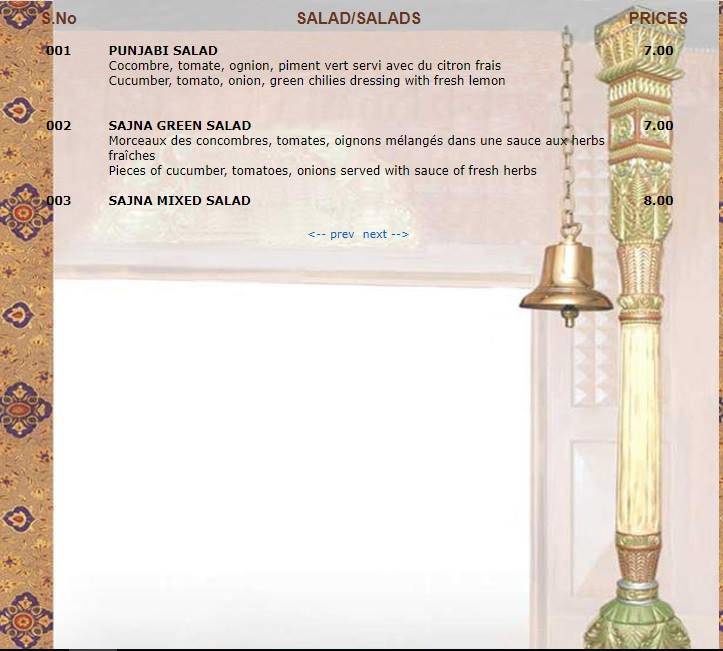 Menu di Sajna Restaurant 