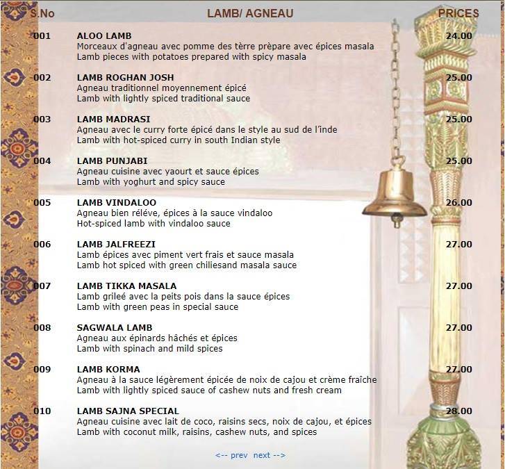 Menu di Sajna Restaurant 
