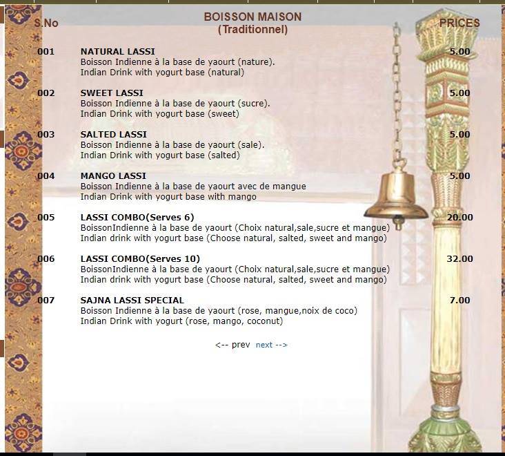 Menu di Sajna Restaurant 