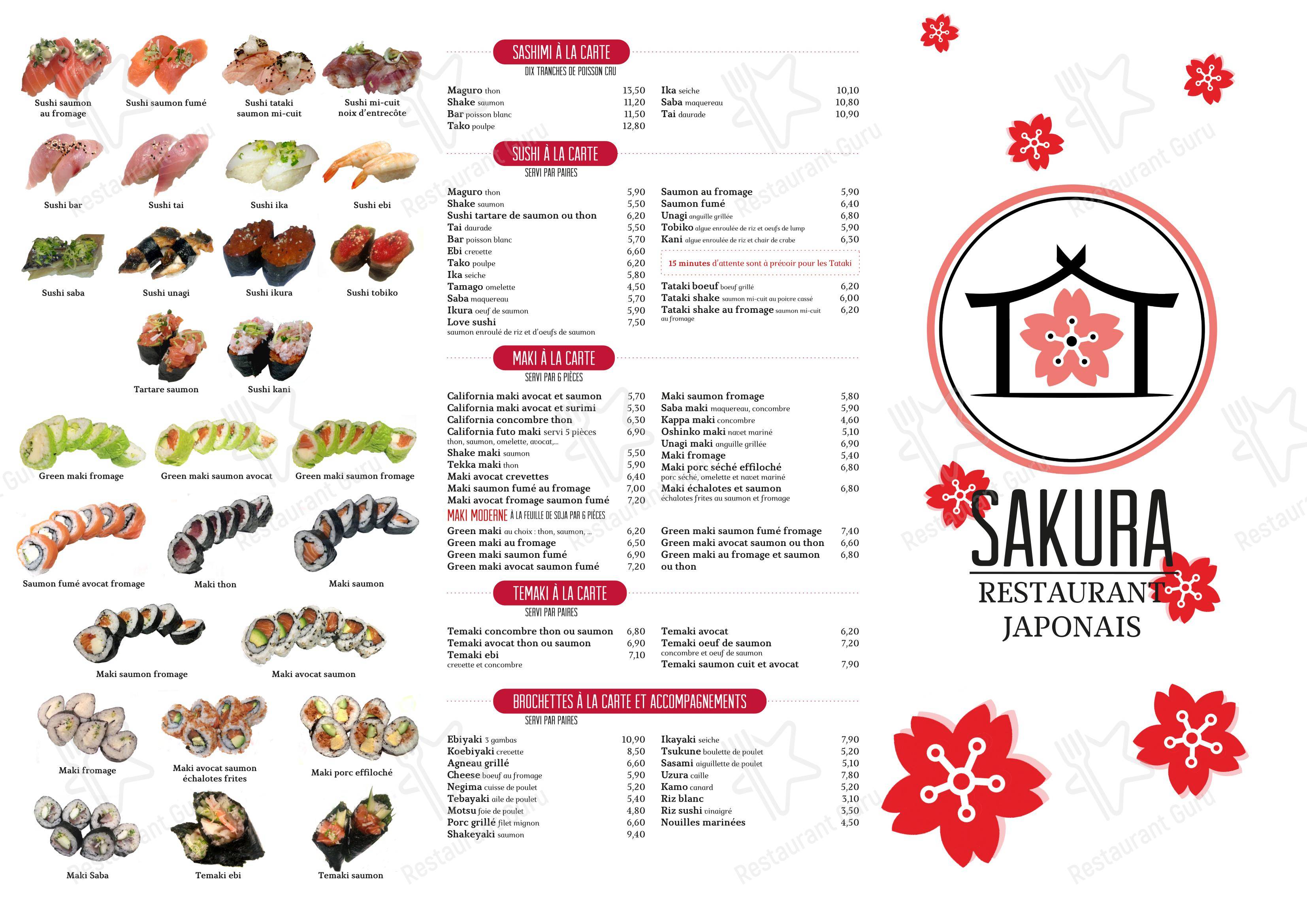 Menu pour Sakura dans Lille