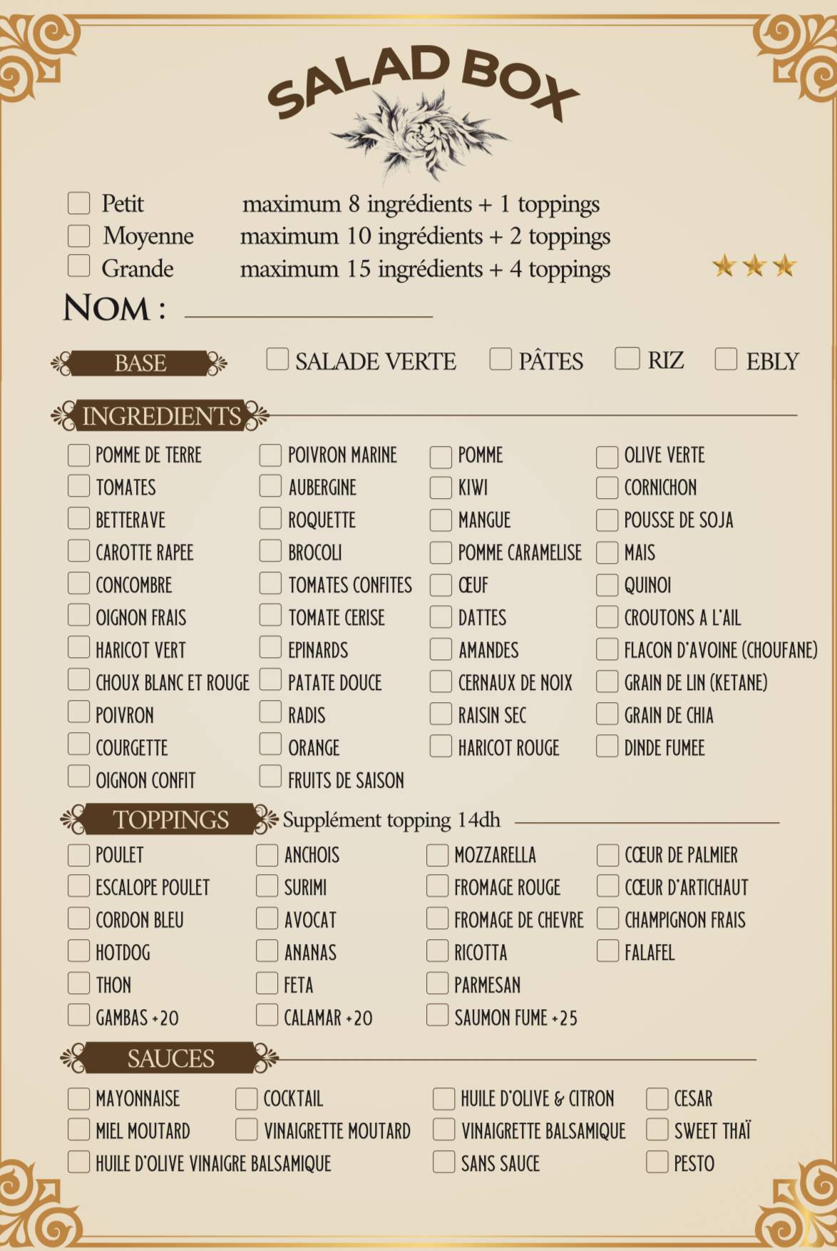 Menu de Saladbox Victor Hugo