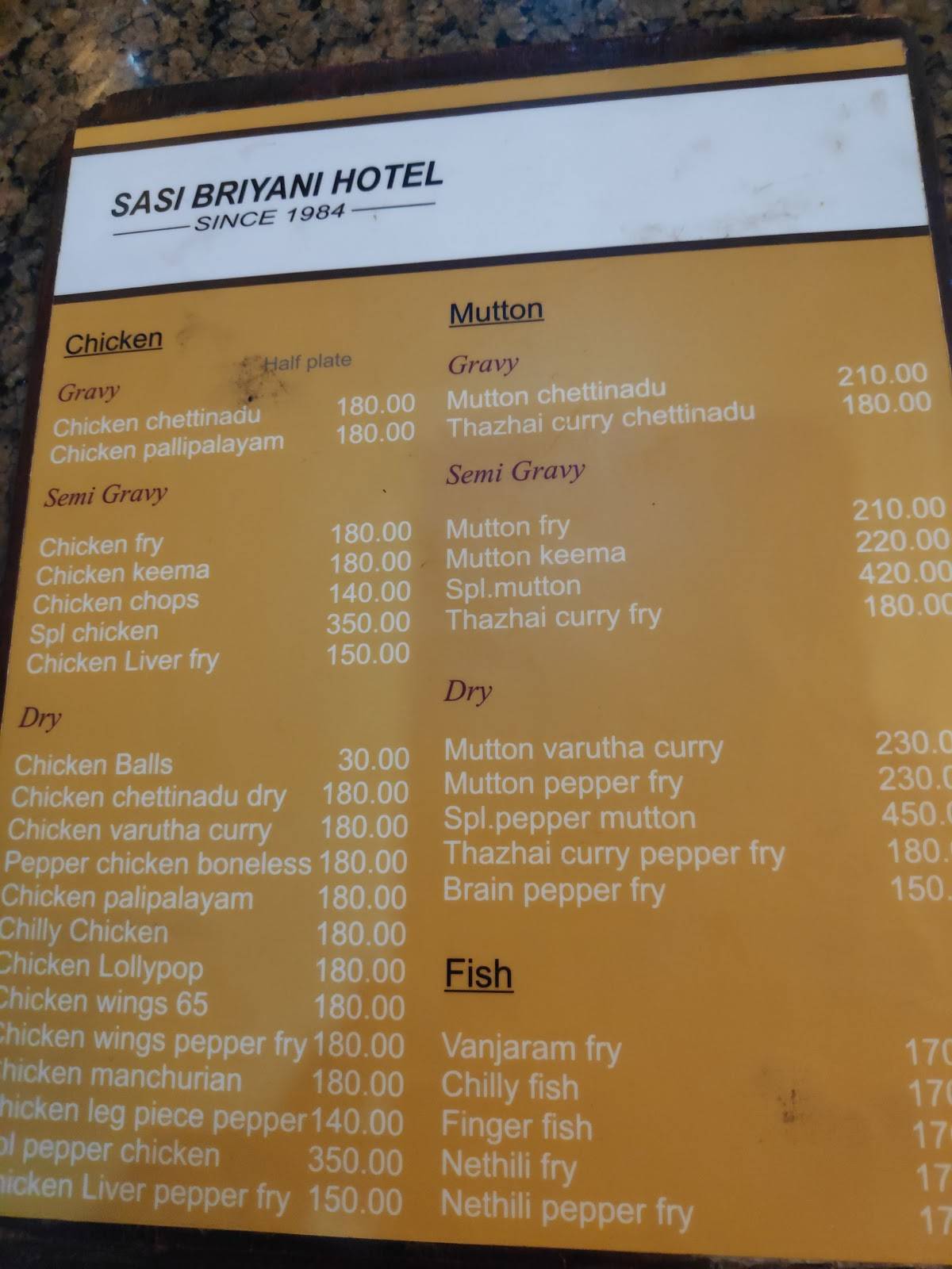 Sasi Briyani Restaurant menu