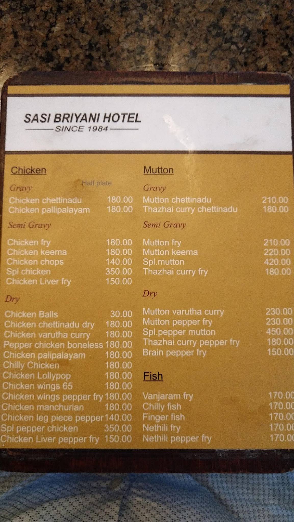 Sasi Briyani Restaurant menu