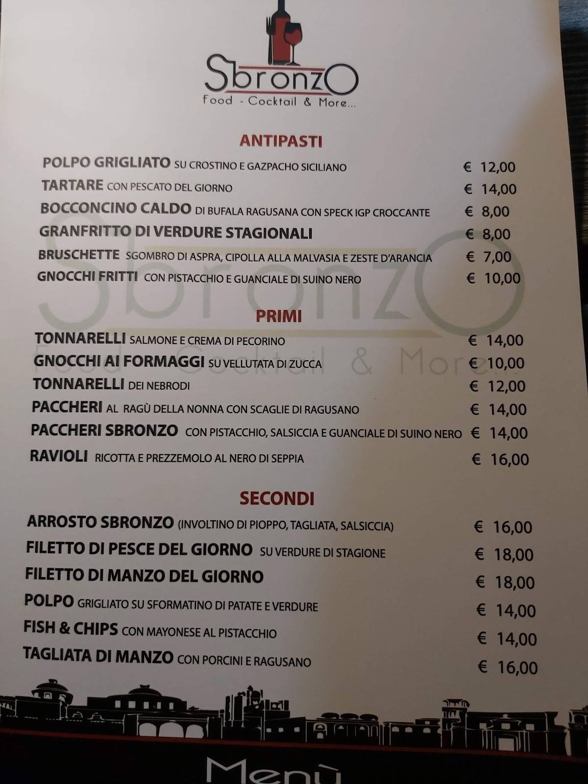 Menu di Sbronzo