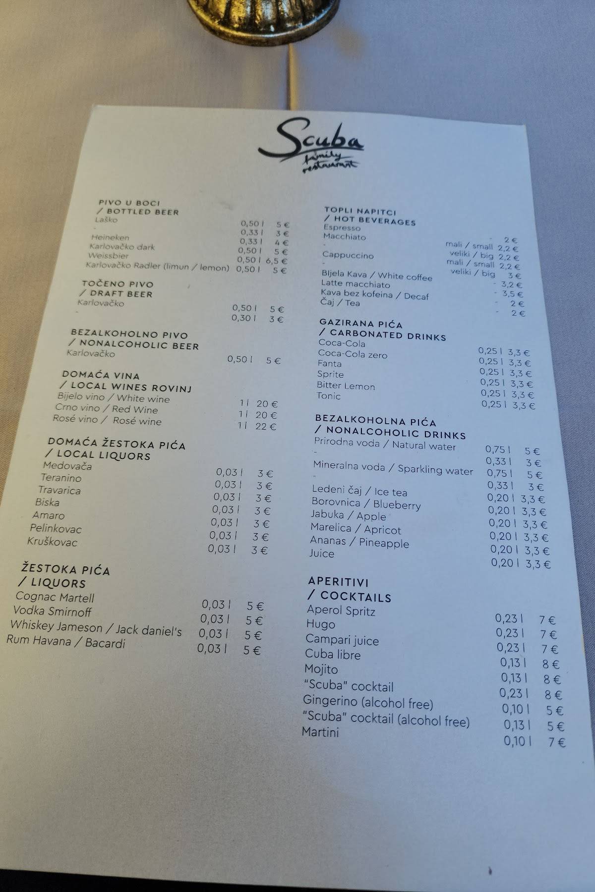 Menu di Scuba restaurant 