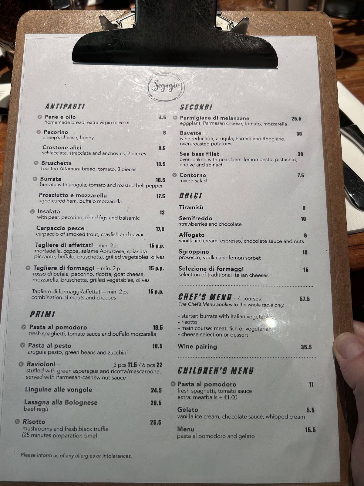 Menu de Segugio Italian Restaurant