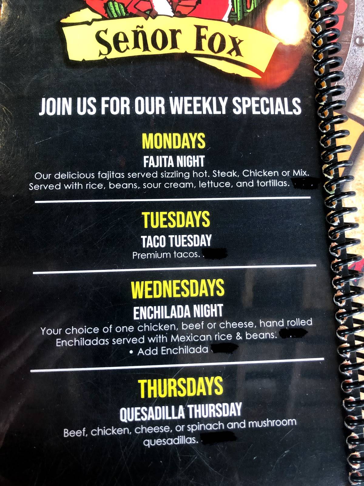 Menu at Senor Fox Mexican Restaurant, Virginia Beach, Nimmo Pkwy