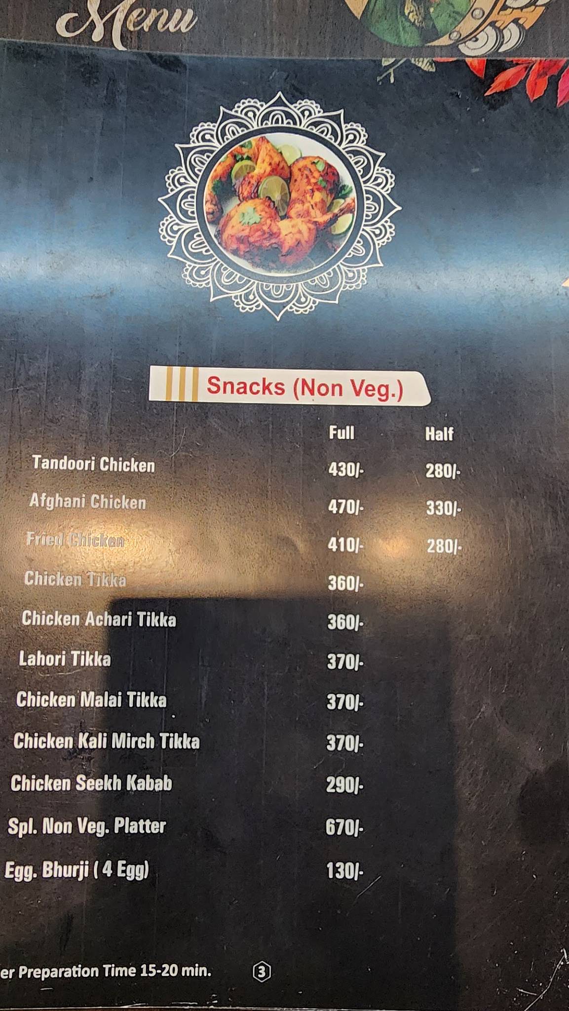 Sethi Dhaba menu