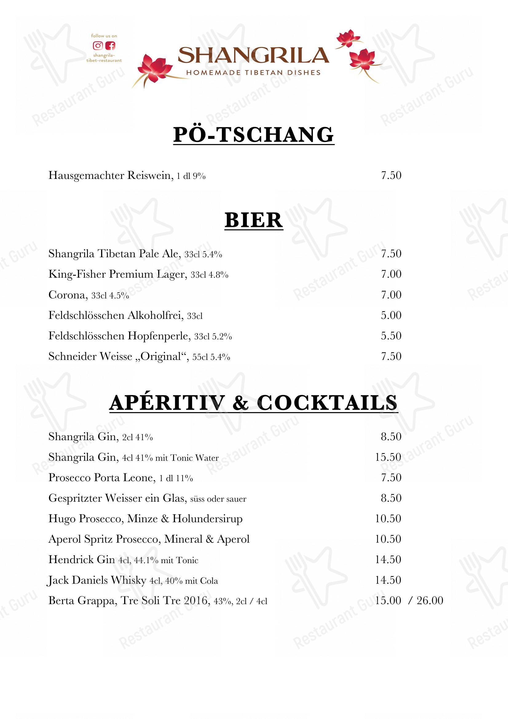 Menu per Shangrila Tibet Restaurant in Zurigo