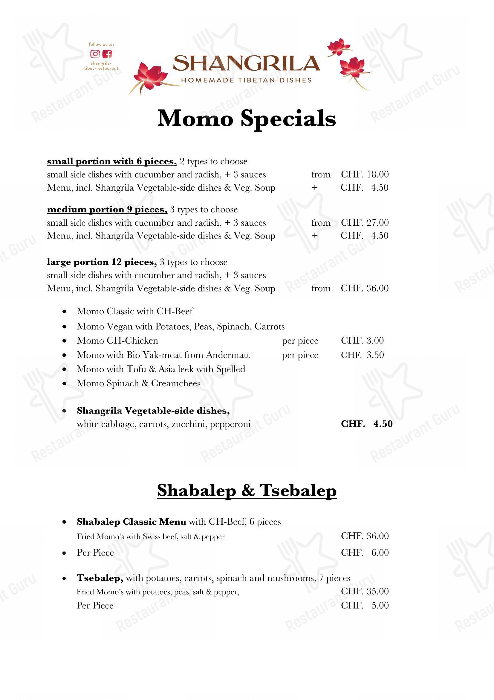 Menu per Shangrila Tibet Restaurant ristorante