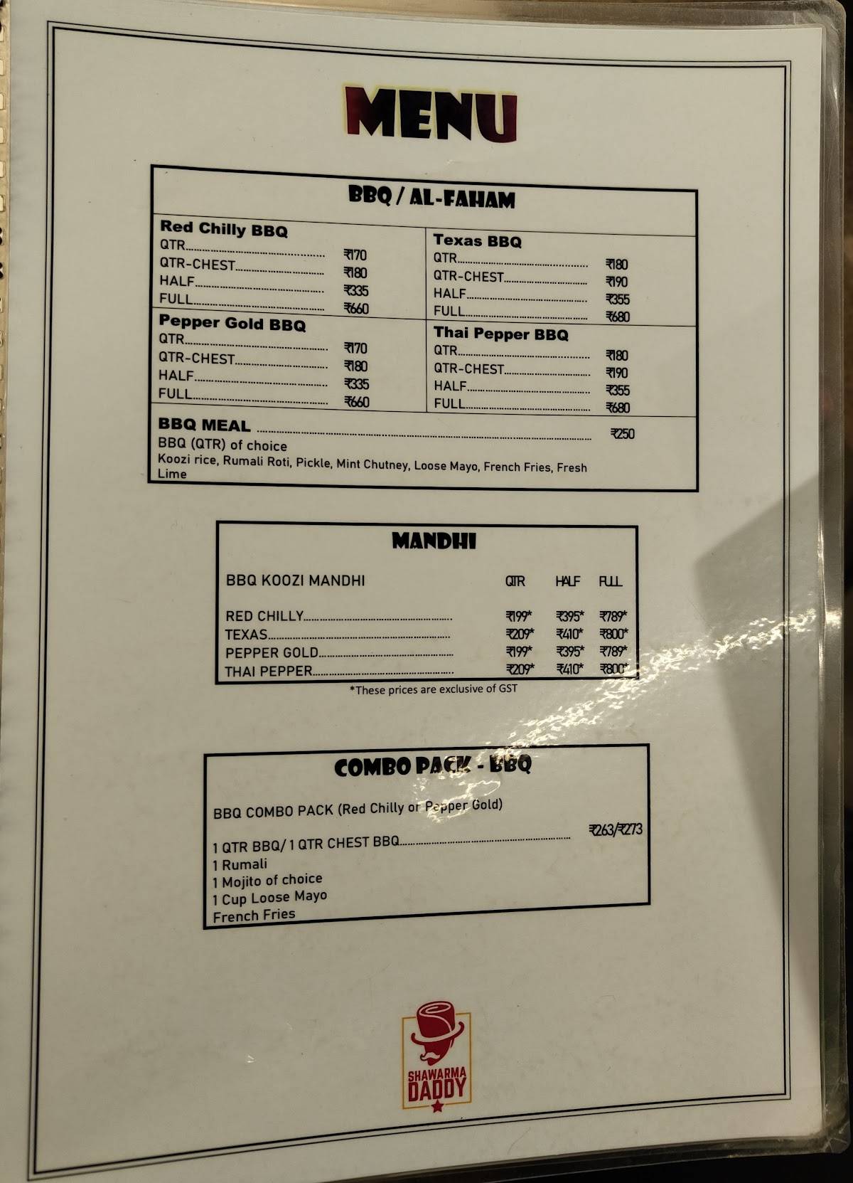 Shawarma Daddy menu