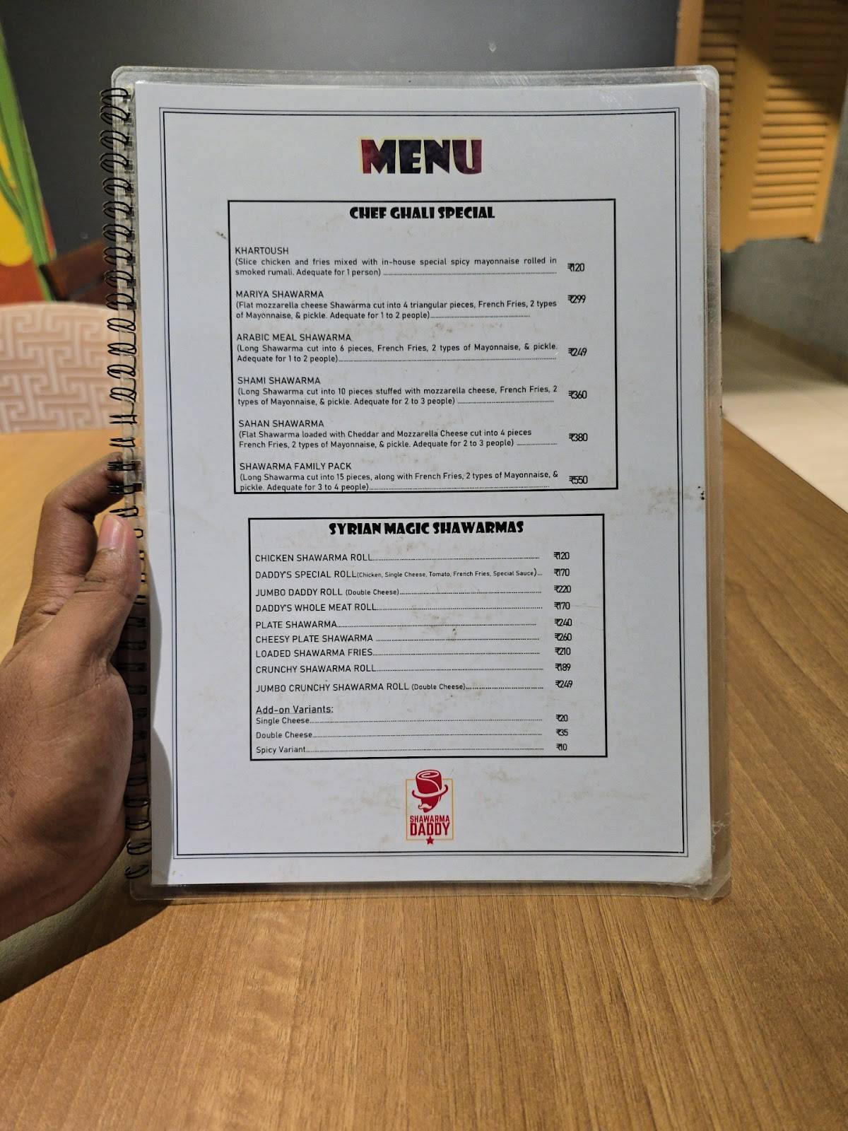 Shawarma Daddy menu