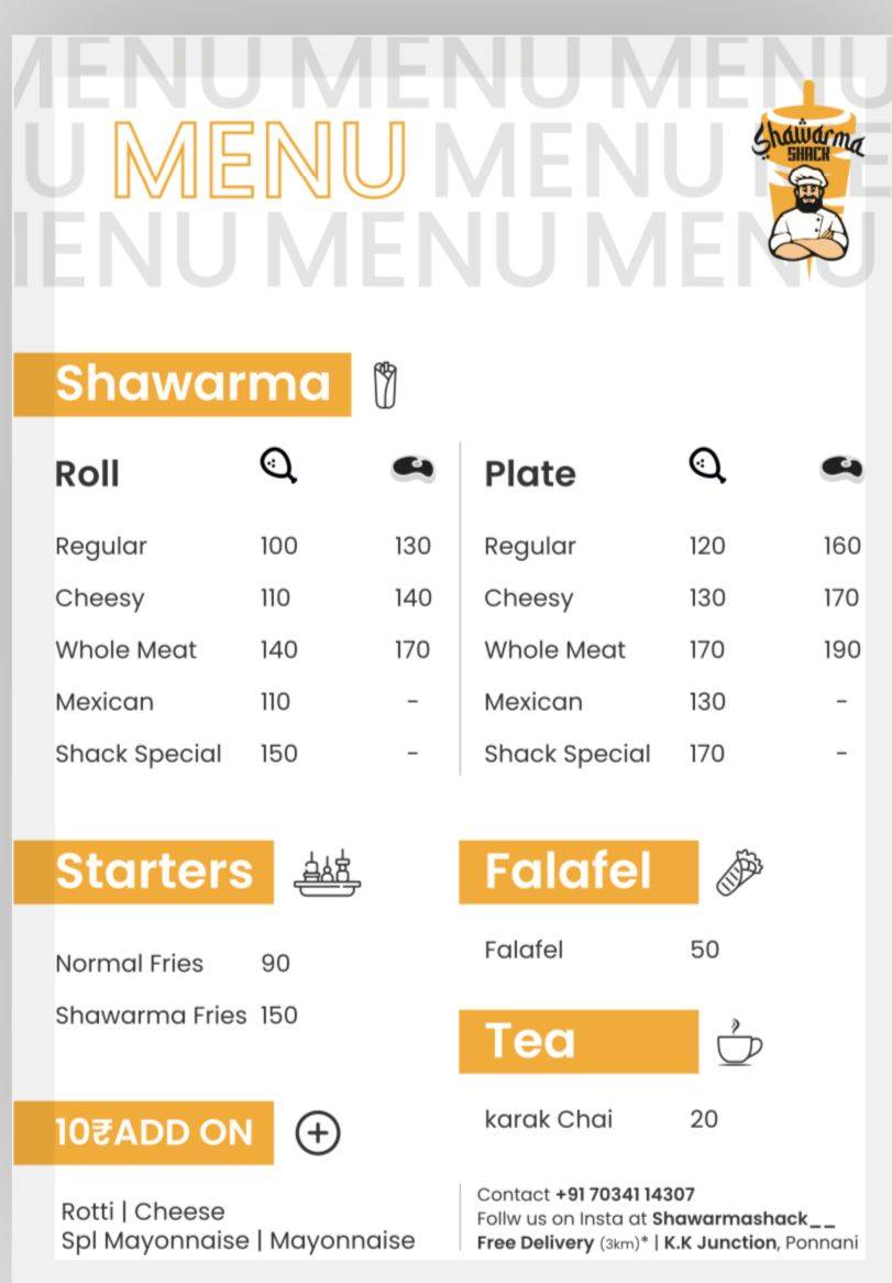 Shawarma Shack menu