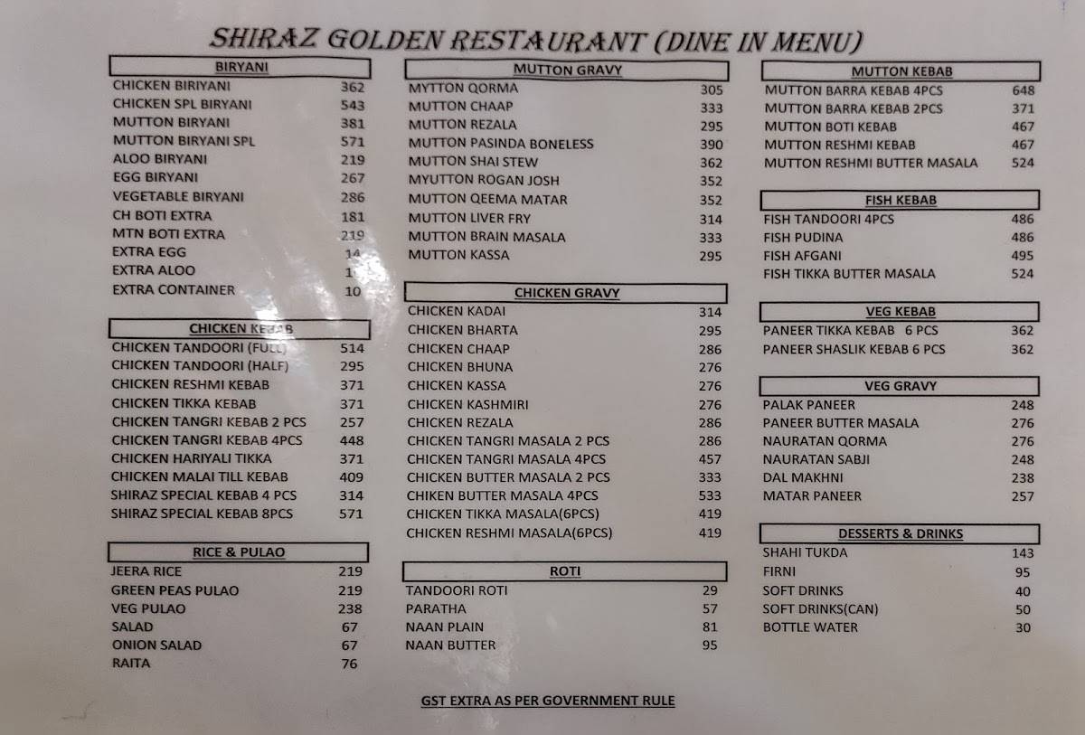 Shiraz Golden Restaurant menu