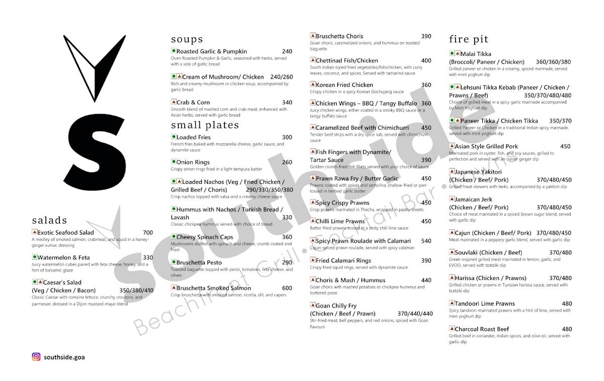 Southside Goa menu