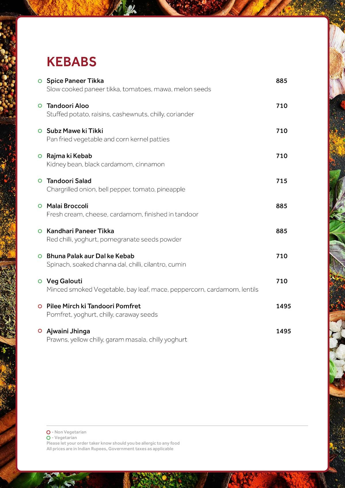 Spice Terrace Restaurant menu