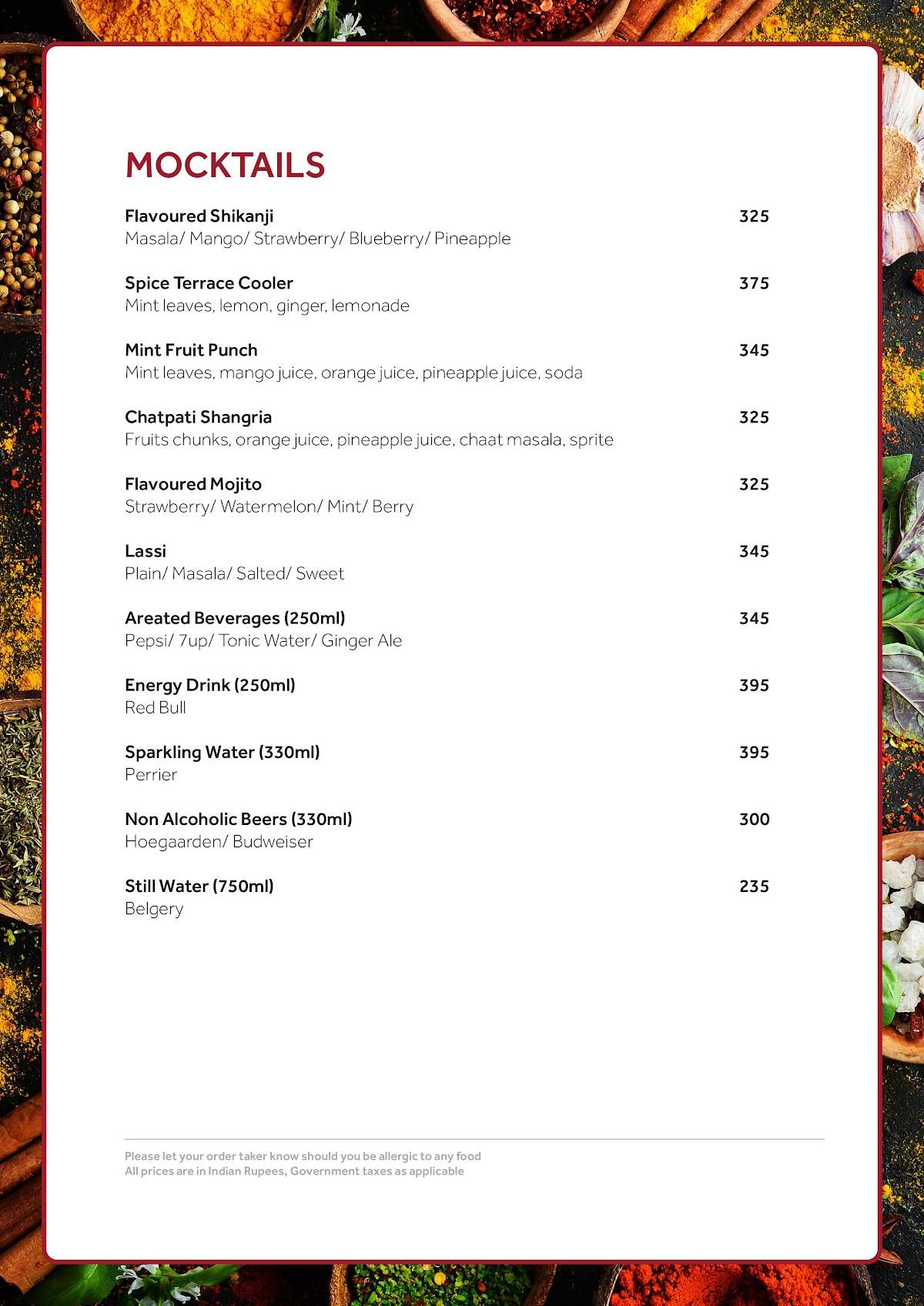 Spice Terrace Restaurant menu