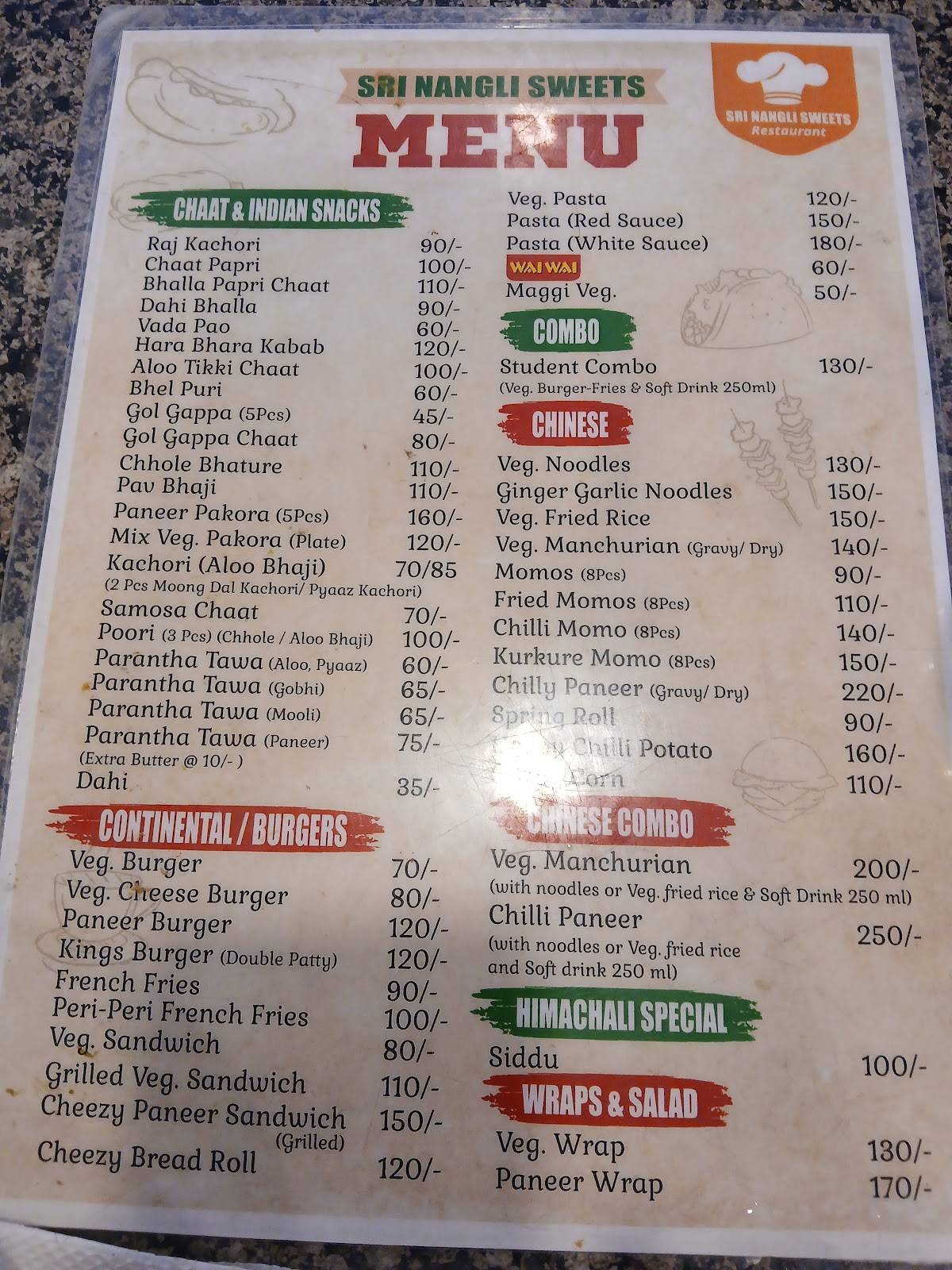 Sri Nangli Sweets menu