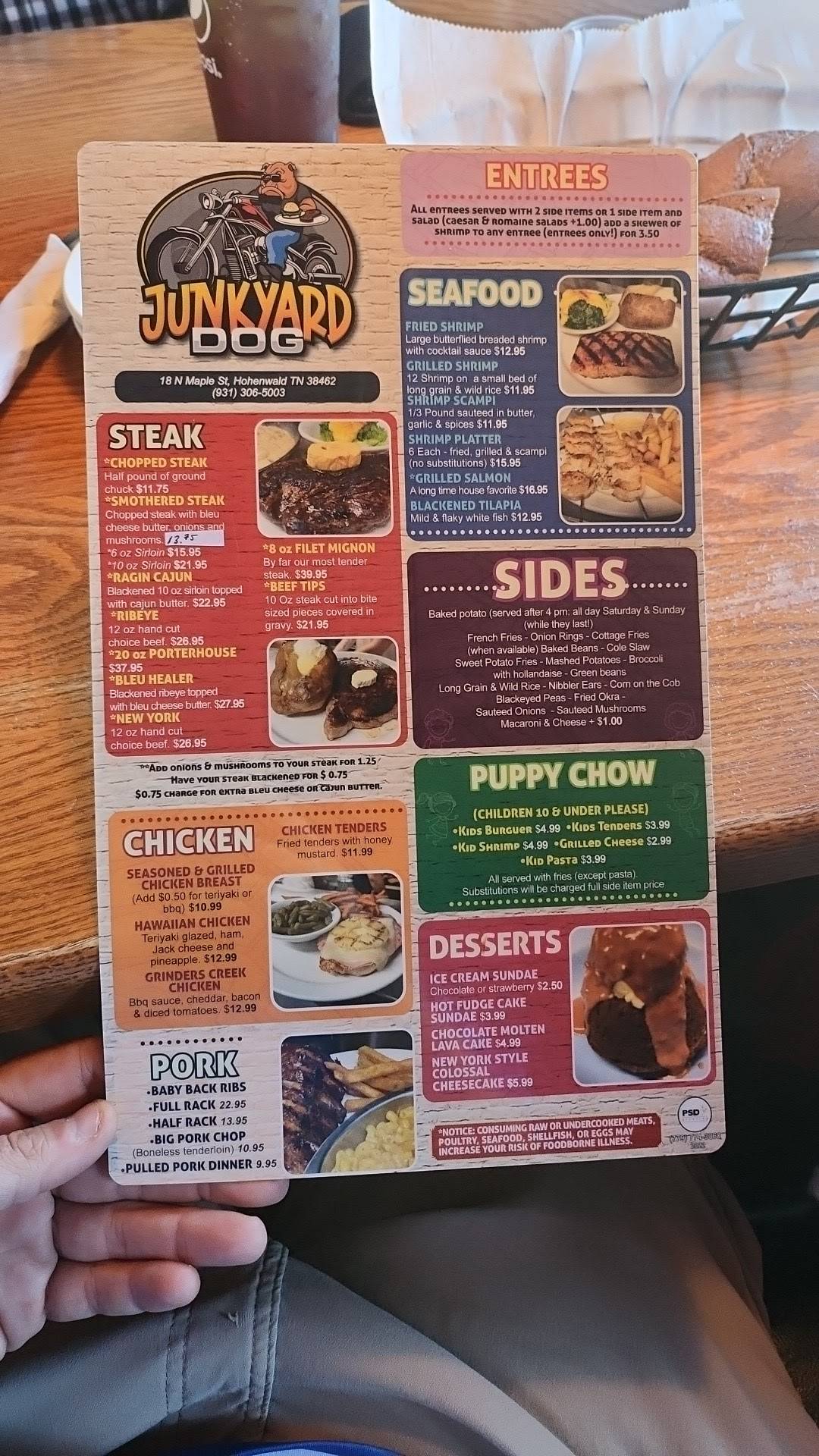 Menu at Junkyard Dog Steakhouse, Hohenwald 