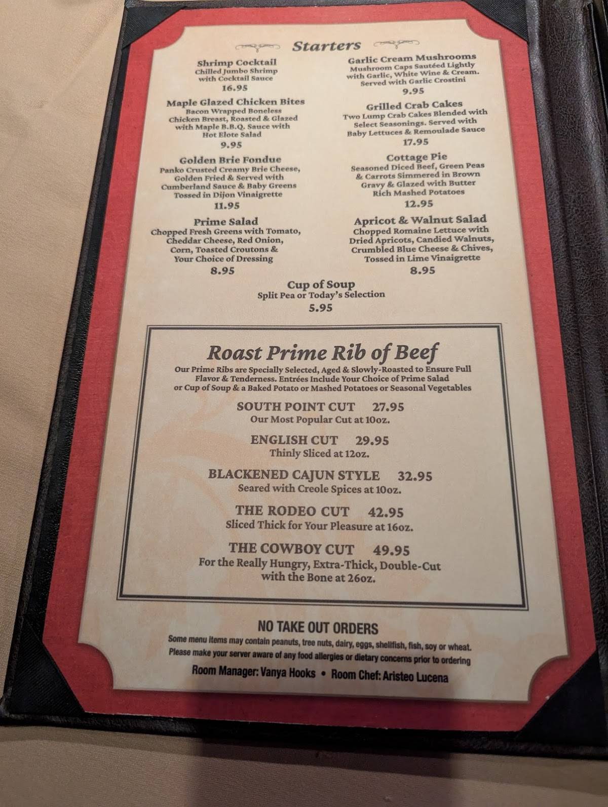 Menu at Primarily Prime Rib steakhouse, Las Vegas, Las Vegas Blvd S