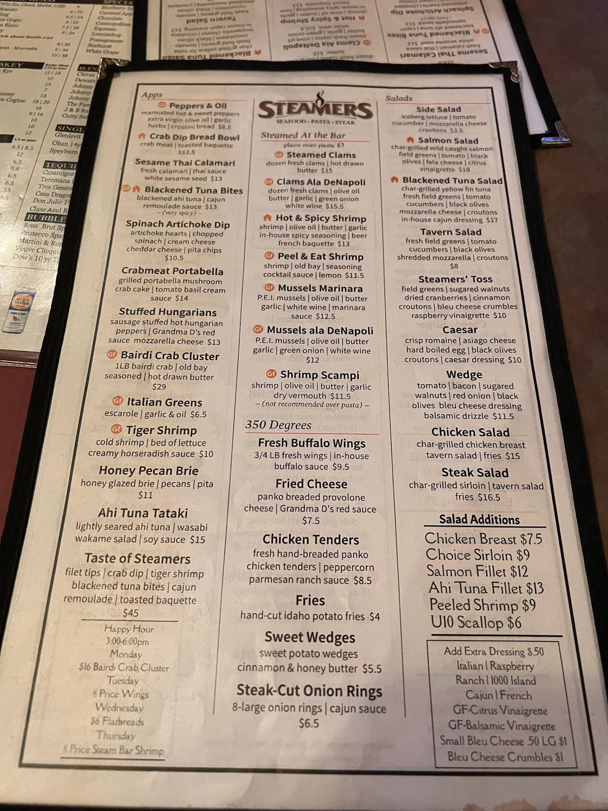 Menu at Steamers Stonewall Tavern steakhouse, North Lima
