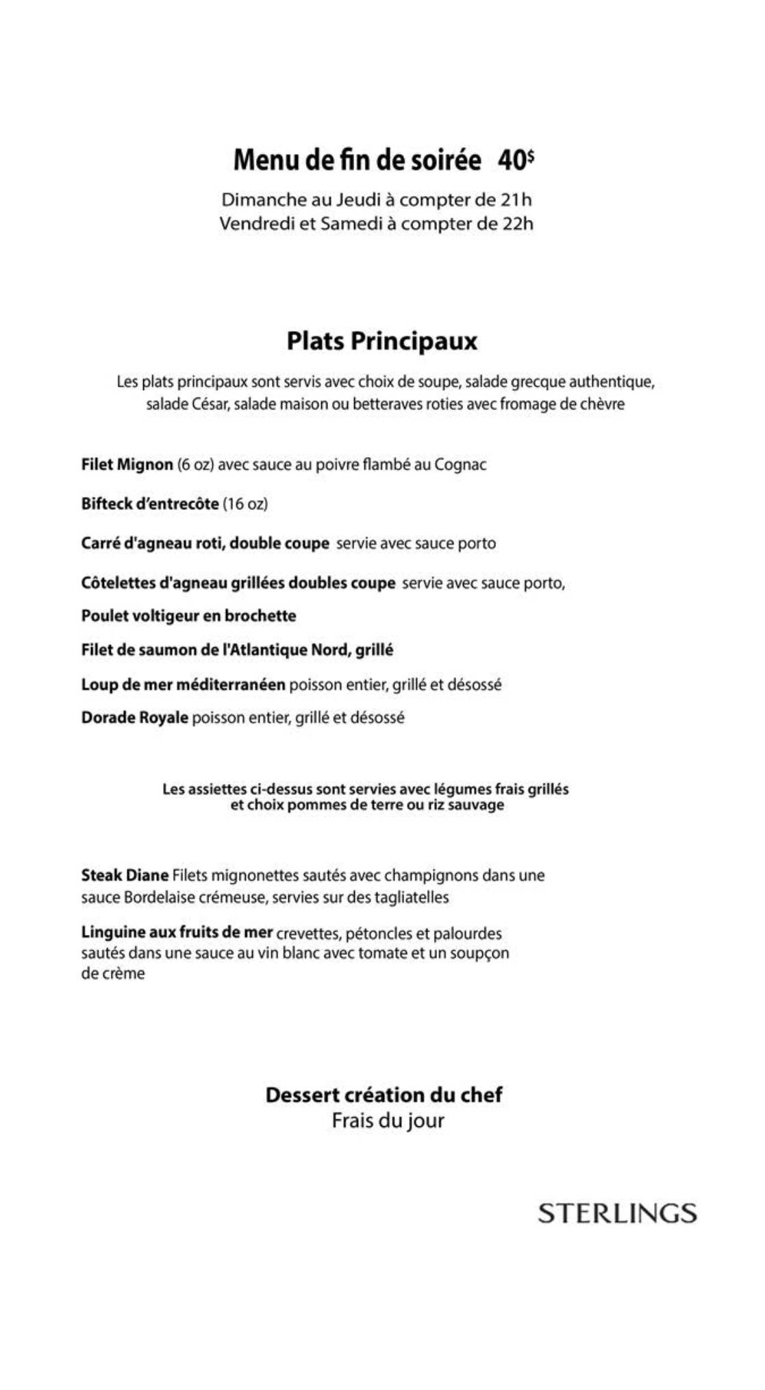Menu de Sterlings Steakhouse