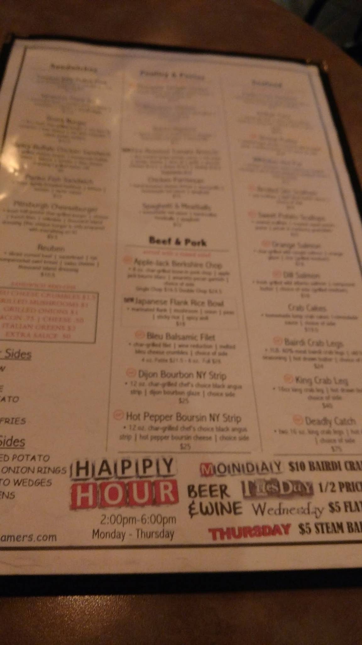 Menu at Steamers Stonewall Tavern steakhouse, North Lima