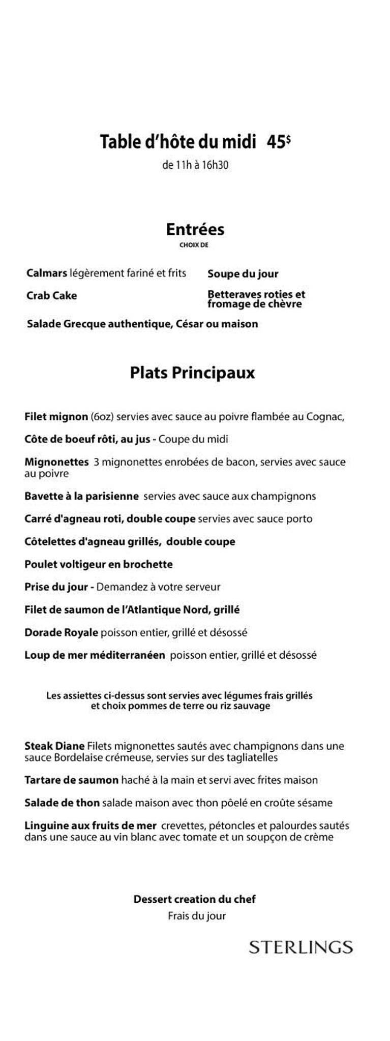 Menu de Sterlings Steakhouse